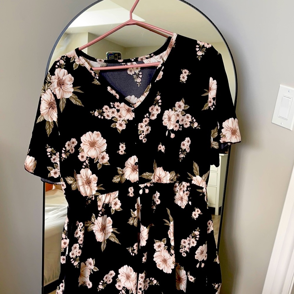 Floral Black Button Dress